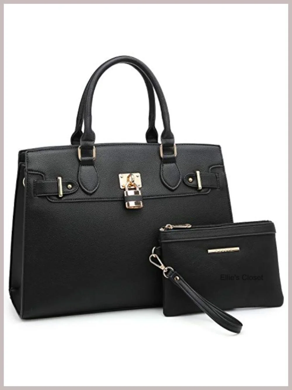 Vegan Leather Satchel Tote with Matching Clutch, Gold Hardware, Work Bag